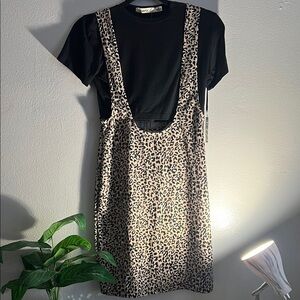 Size medium -Black Tee with Beige & Black Leopard Suspender Mini Dress. Stretchy